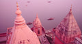 Looking down at the Ganges river from one of the hundreds of temples in Banaras.  Banaras, India.