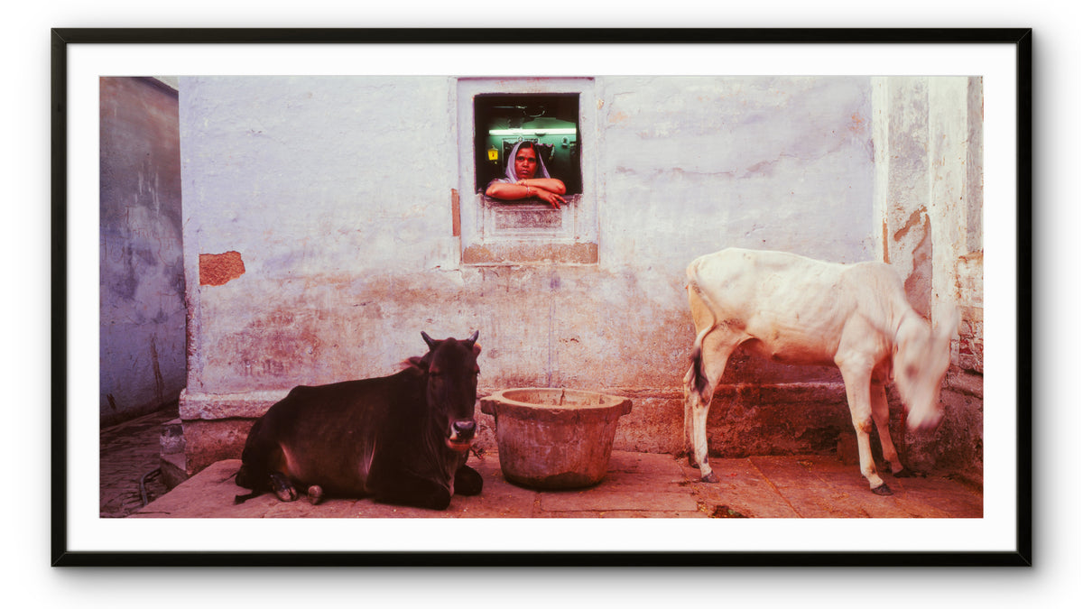 A woman peers from her kitchen.  Banaras, India.