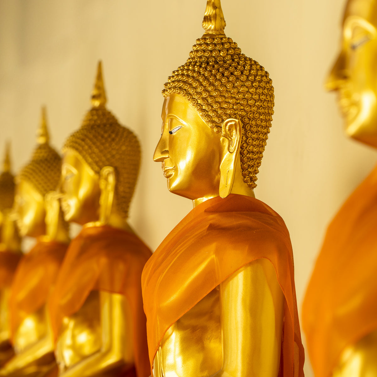 Golden Buddhas in soffron robes.  Wat Pho, Bangkok, Thailand.