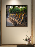 Many buddha statues all in a row in early morning light.  Wat Mahatat, Ayutthaya, Thailand.