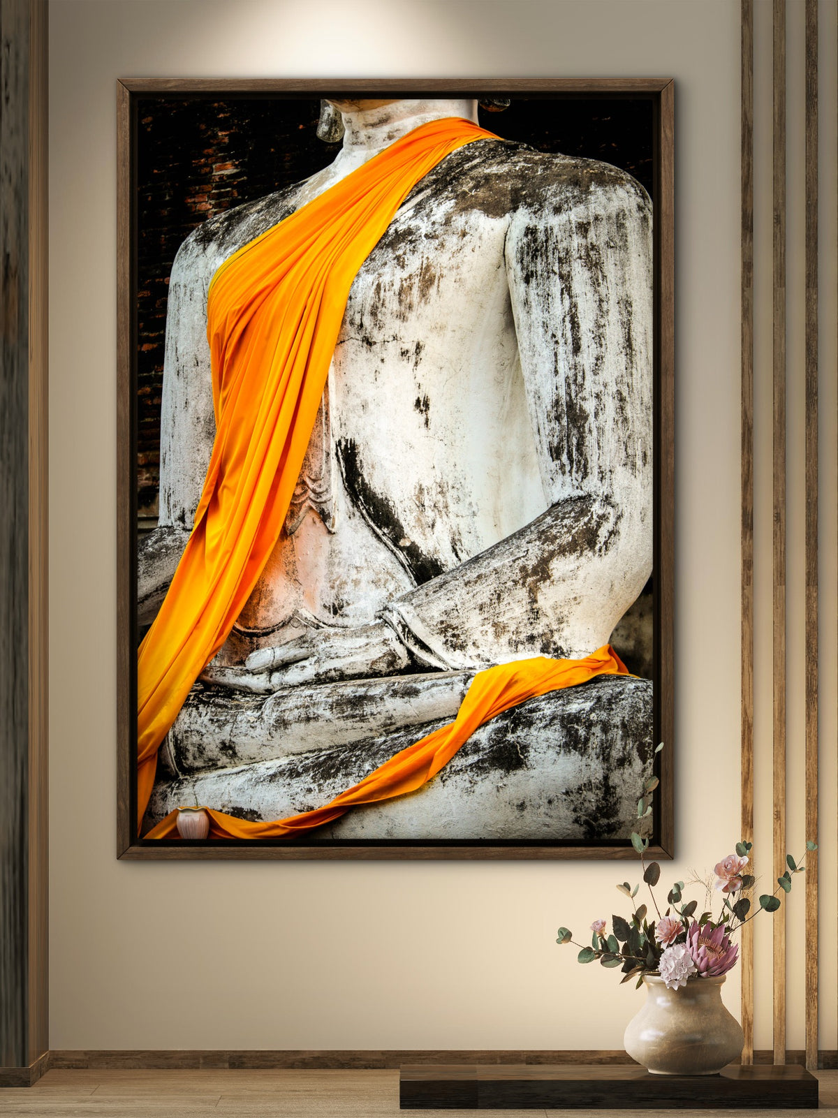 Detail of saffron robes on Buddha.  Ayutthaya, Thailand.
